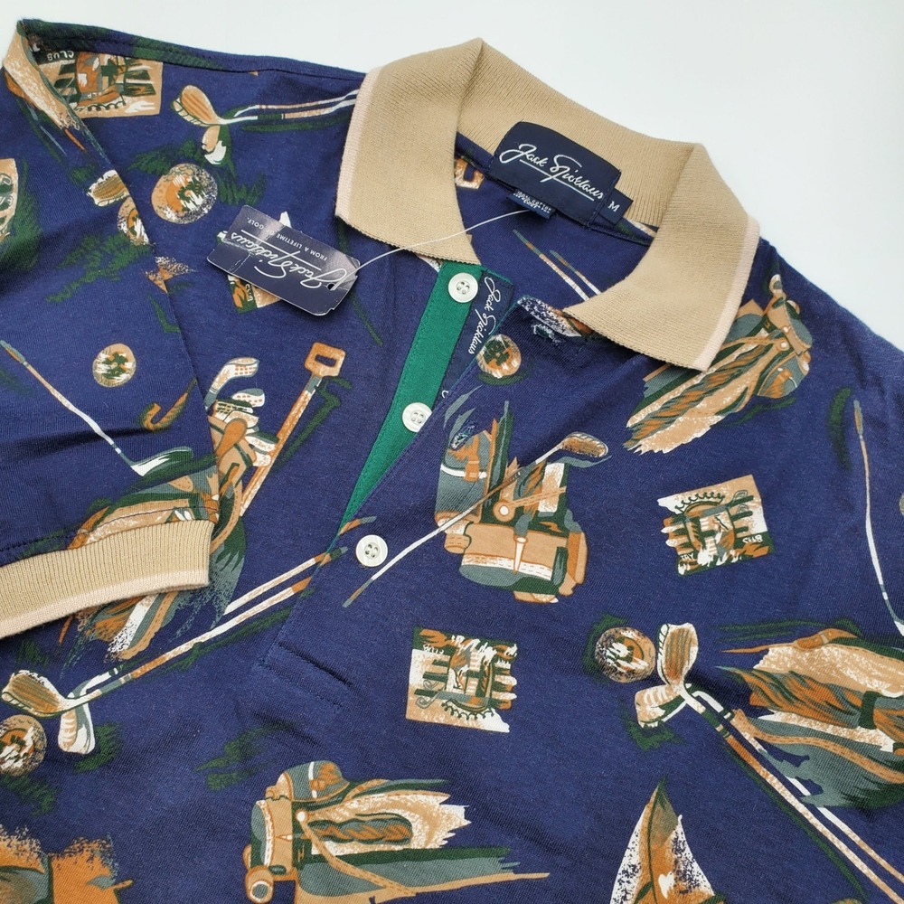 Jack Nicklaus‎ Mens Polo Shirt Golf Print Short Sleeve  Blue Medium New